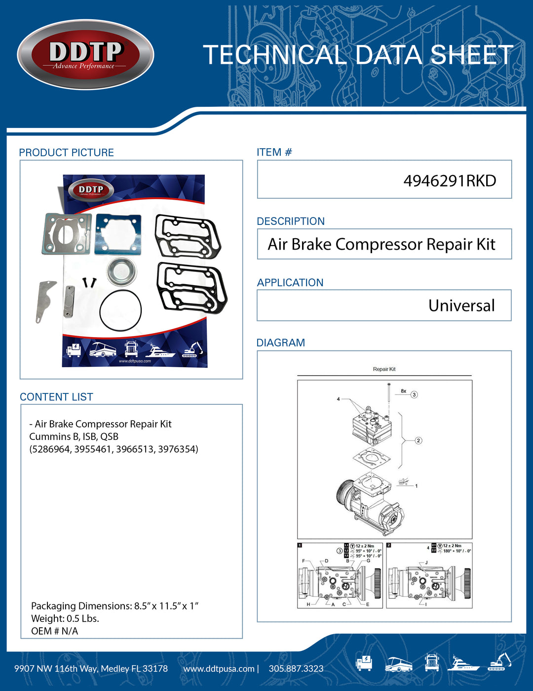 Kit de reparación de compresor de freno de aire Cummins B, ISB, QSB (4946291)
