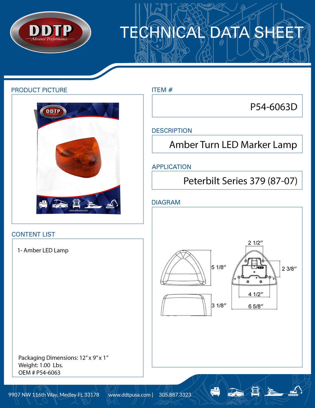 LED Park Turn Marker Assembly Amber (Peterbilt Series 379)(87-07)