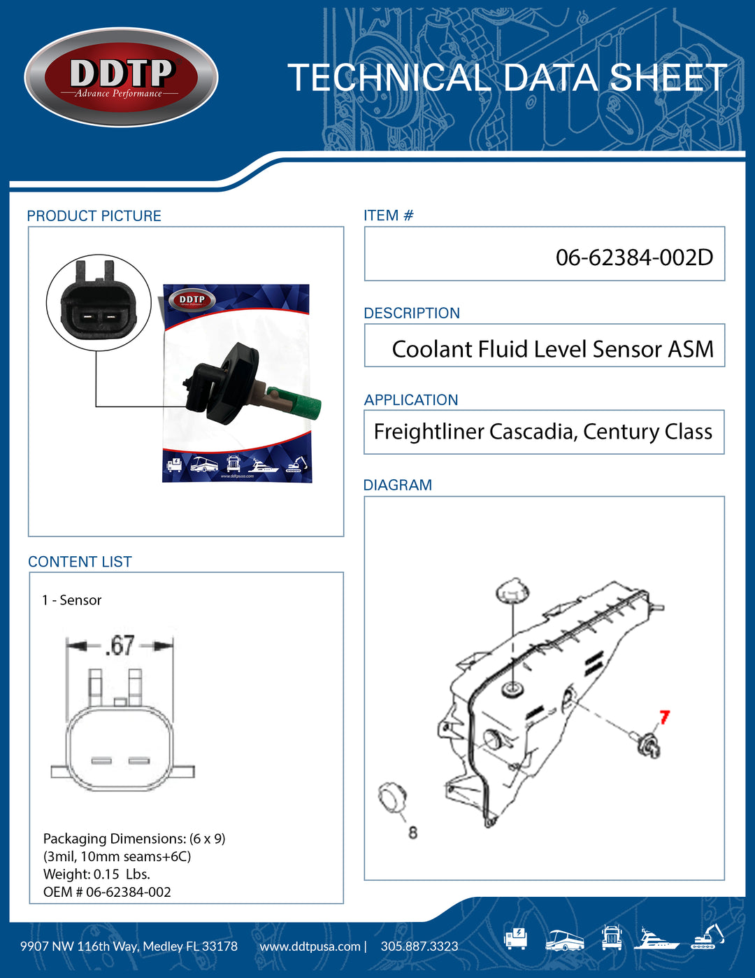 Coolant Fluid Level Sensor for Freightliner, Columbia & Cascadia (06-62384-002)
