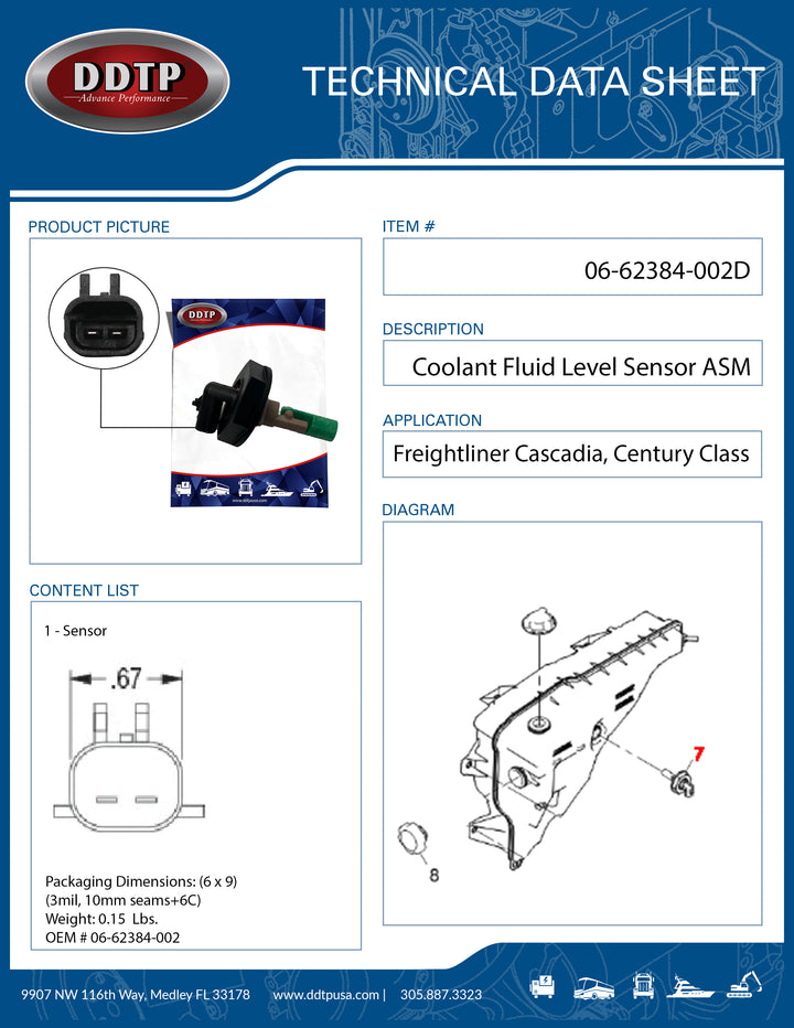 Coolant Fluid Level Sensor for Freightliner, Columbia & Cascadia (06-62384-002)