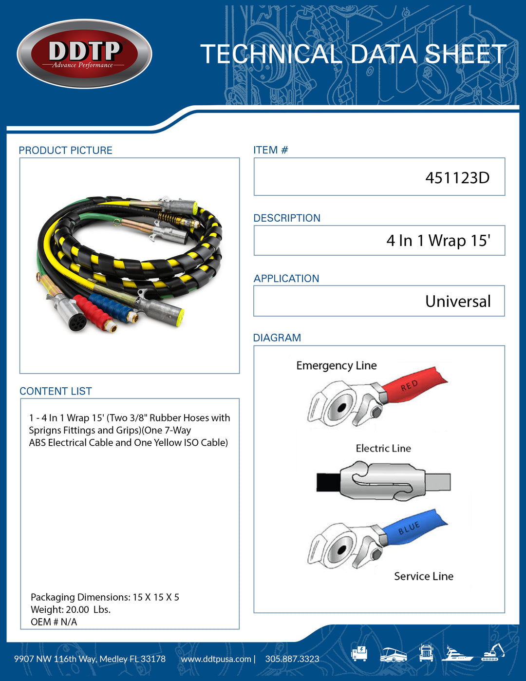 4 In 1 Wrap 15' Two 3/8" Rubber Hoses with Sprigns Fittings and Grips One 7-Way ABS Electrical Cable and One Yellow ISO Cable ( 451123D )