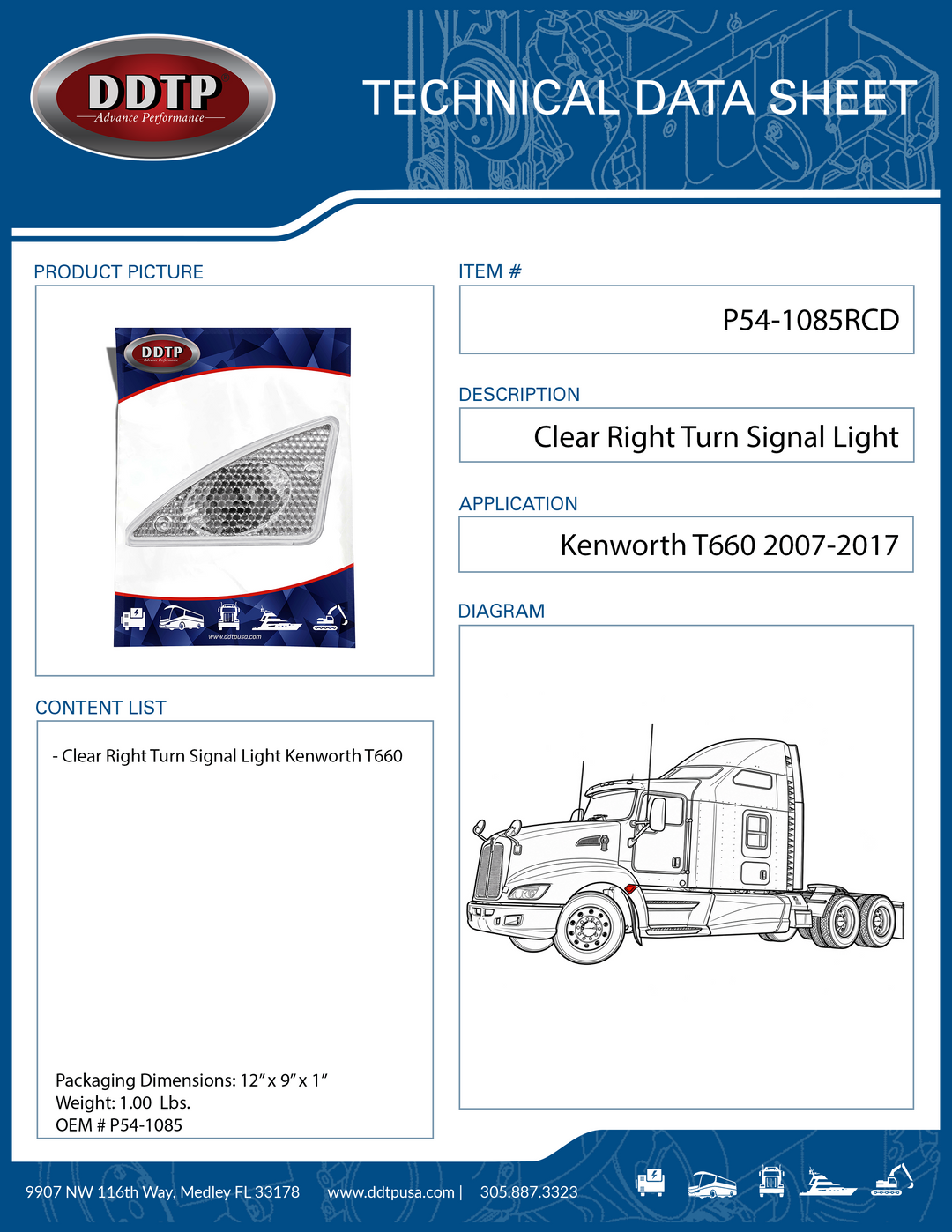 Clear Right Turn Signal Light Housing for Kenworth T660 2007-2017