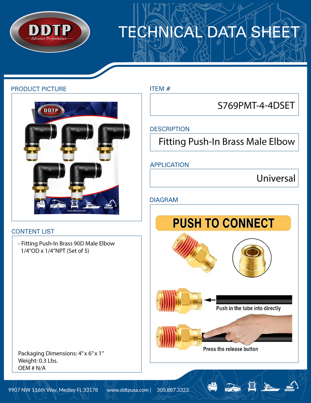 Codo macho compuesto de 90°, 1/4" de diámetro exterior x 1/4" NPT (juego de 5)