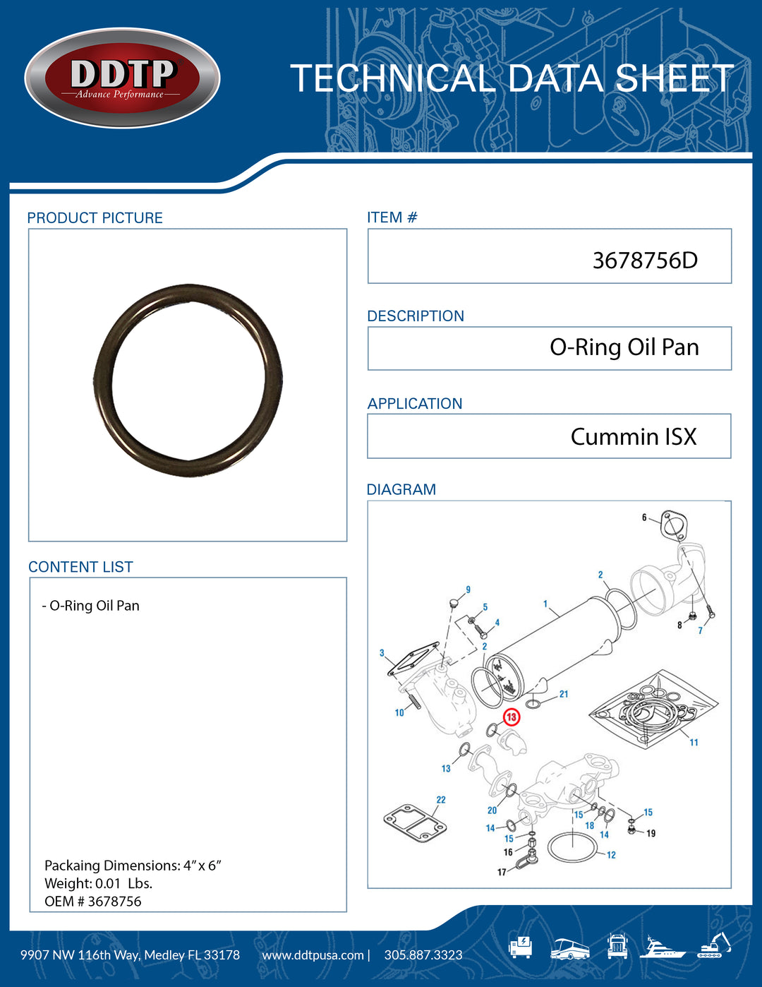 Oil Pan O-Ring Cummins ISX Dual Overhead Camshaft (3678756)