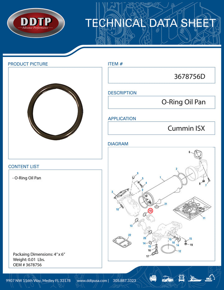 Oil Pan O-Ring Cummins ISX Dual Overhead Camshaft (3678756)