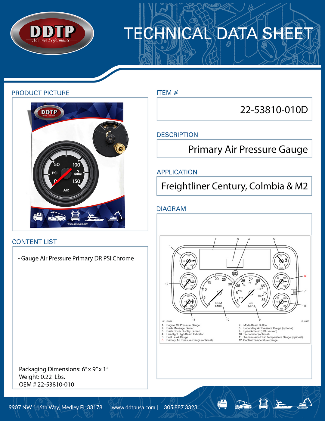 Gauge Air Pressure Primary DR PSI Chrome Freightliner Century, Columbia & M2