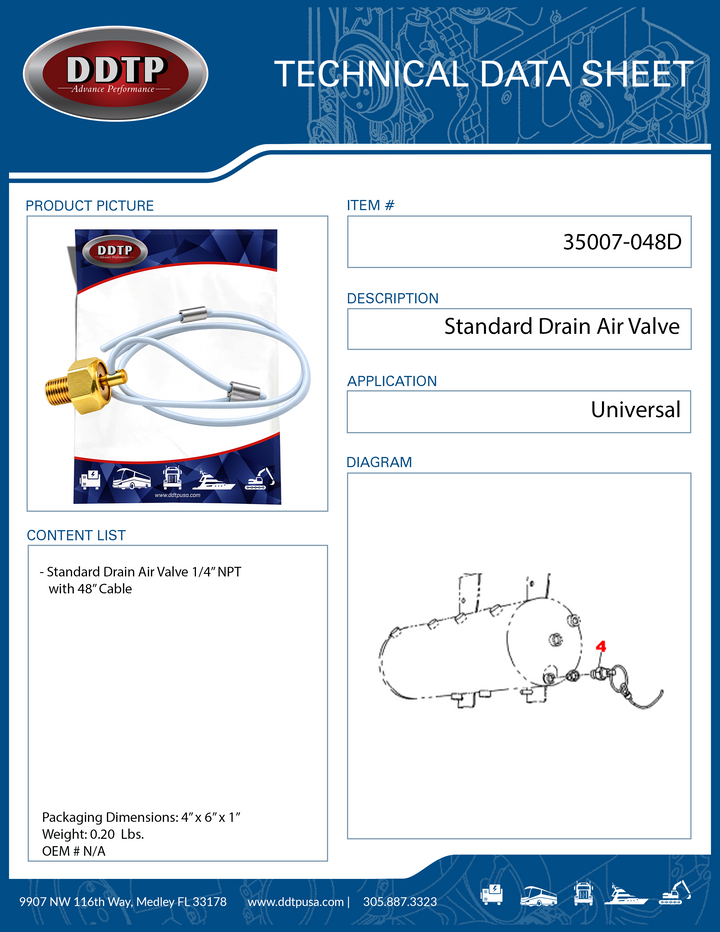 Standard Drain Air Valve 1/4" NPT with 48" Cable