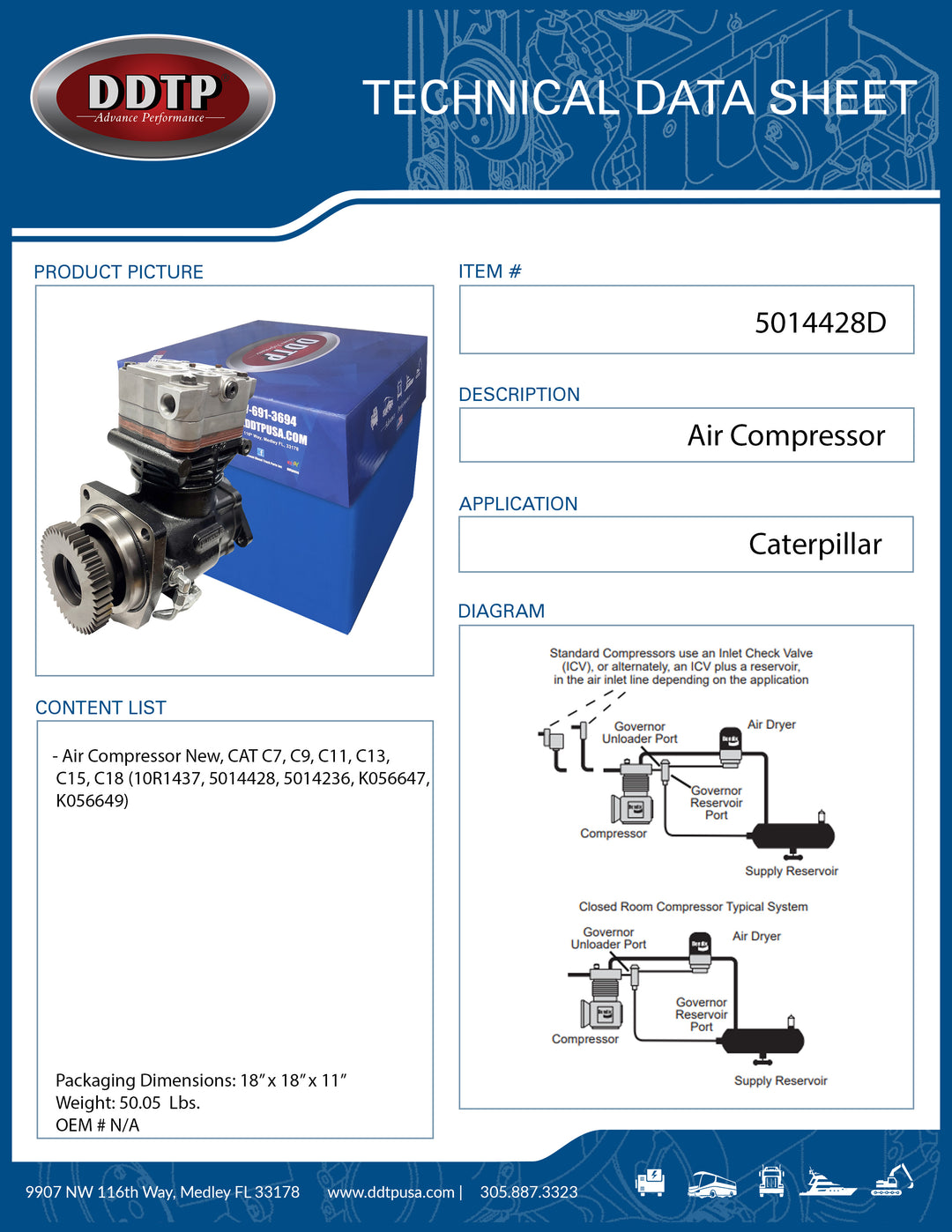 Air Compressor New, CAT C7, C9, C11, C13, C15, C18 (10R1437, 5014428, 5014236, K056647, K056649)
