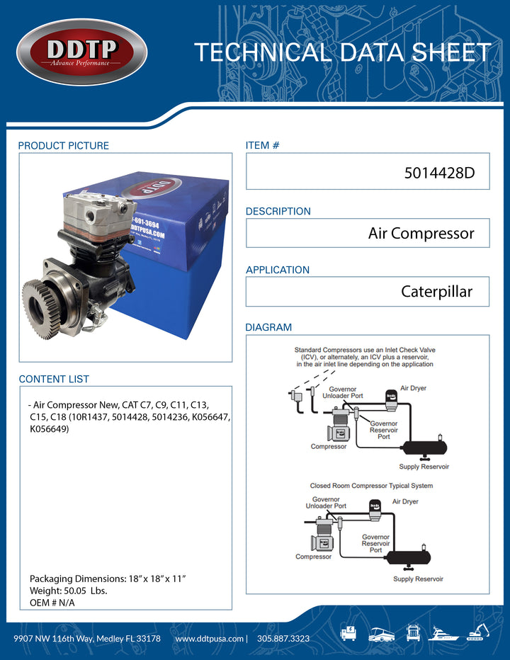 Air Compressor New, CAT C7, C9, C11, C13, C15, C18 (10R1437, 5014428, 5014236, K056647, K056649)