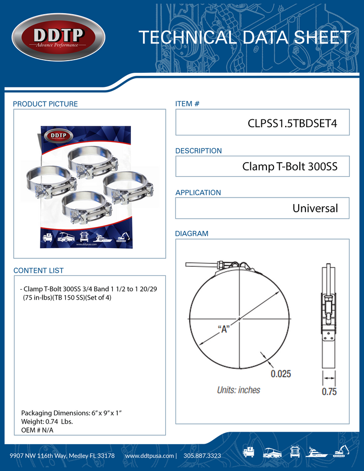 Clamp T-Bolt 300SS 3/4 Band 1 1/2 to 1 20/29 (75 in-lbs)(TB 150 SS)(Set of 4)