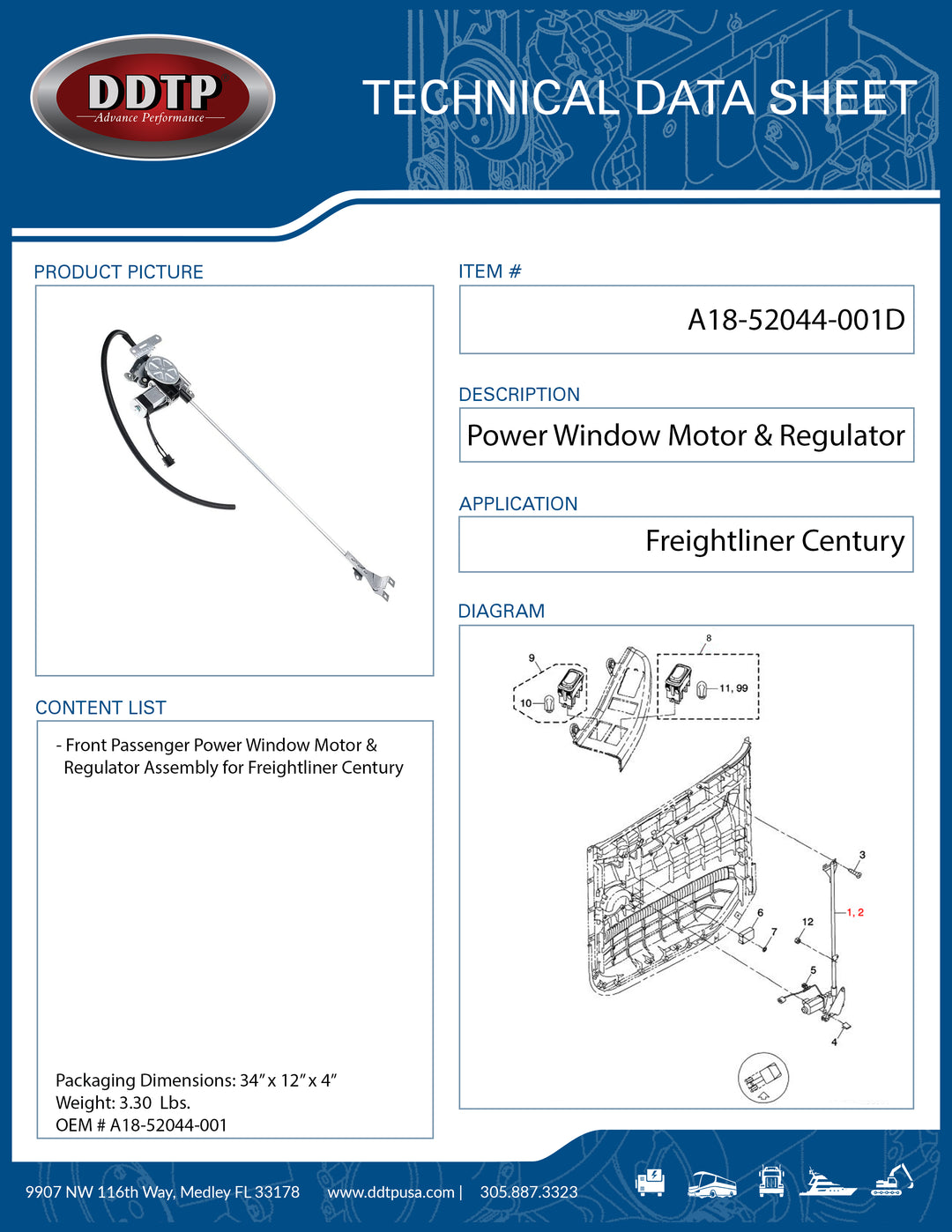 Window Regulator and Motor Asm Front Right (Freightliner Century)