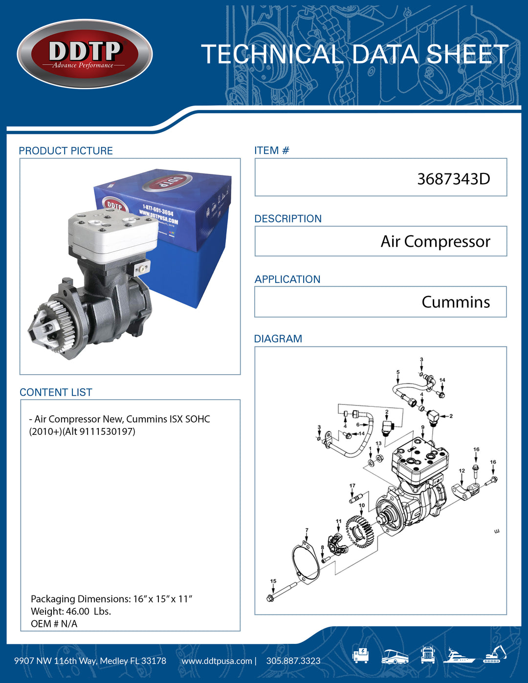 Air Compressor New, Cummins ISX SOHC (2010+)(Alt 9111530197)