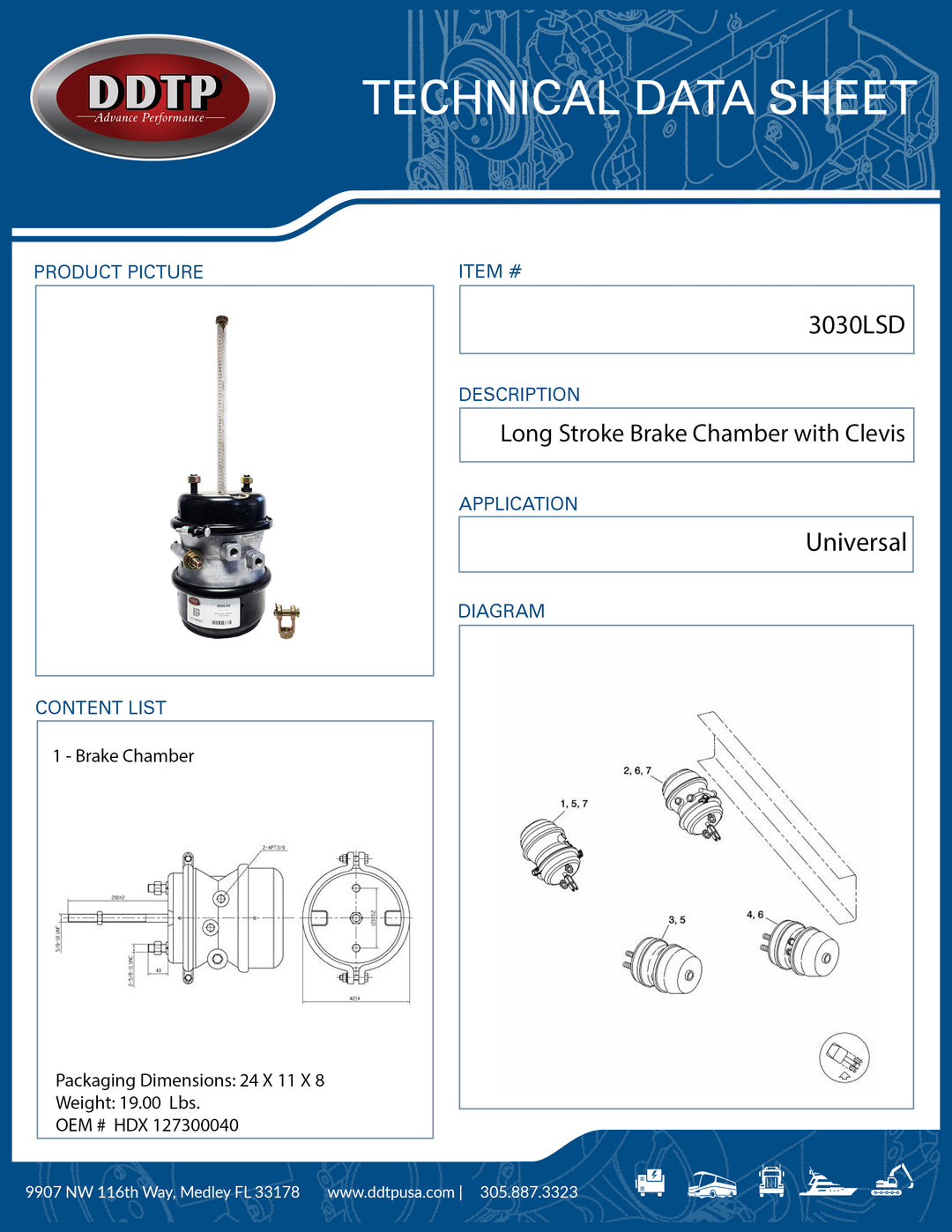 Long Stroke 3030LS Brake Chamber with Clevis