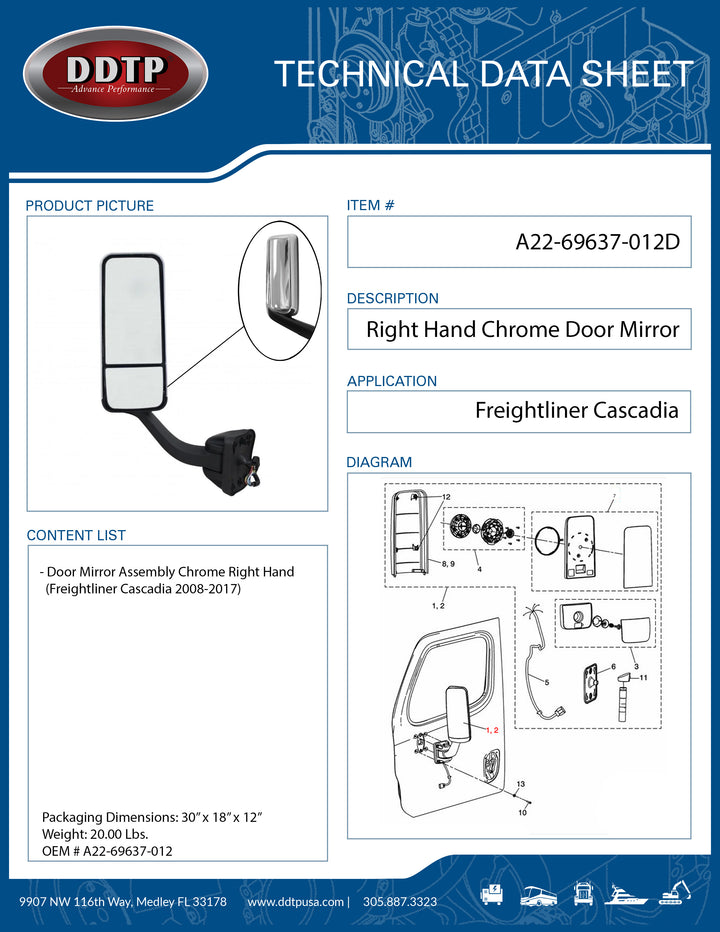 Door Mirror Assembly Chrome Right Hand (Freightliner Cascadia 2008-2017)