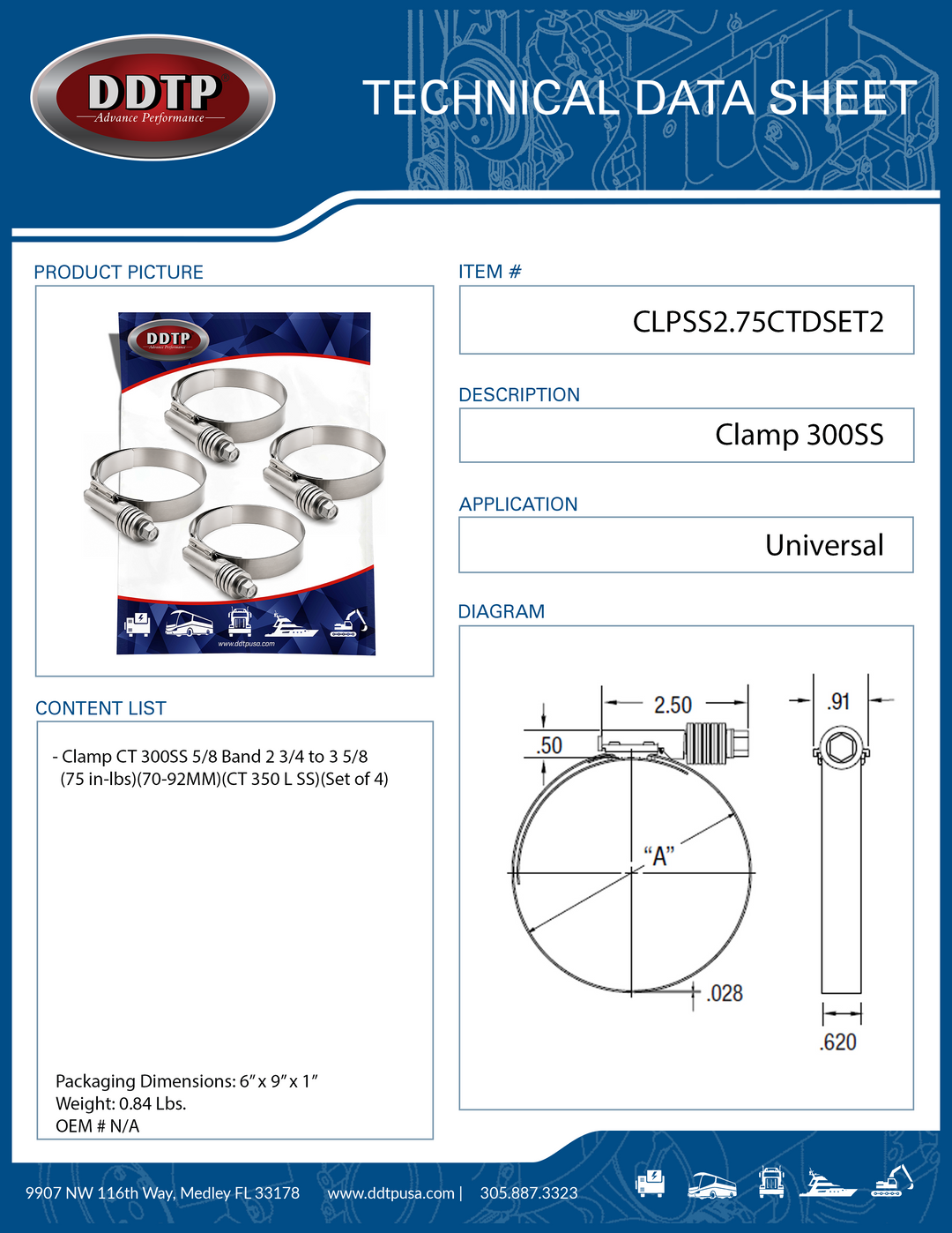 Clamp CT 300SS 5/8 Band 2 3/4 to 3 5/8 (75 in-lbs)(70-92MM)(CT 350 L SS)(Set of 4)