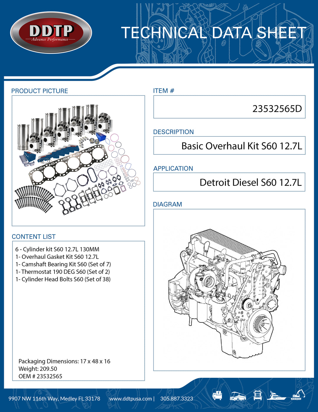 DDTP Basic Overhaul Kit Detroit Diesel S60 12.7L (Cyl. 2555)(Alt 23539737)
