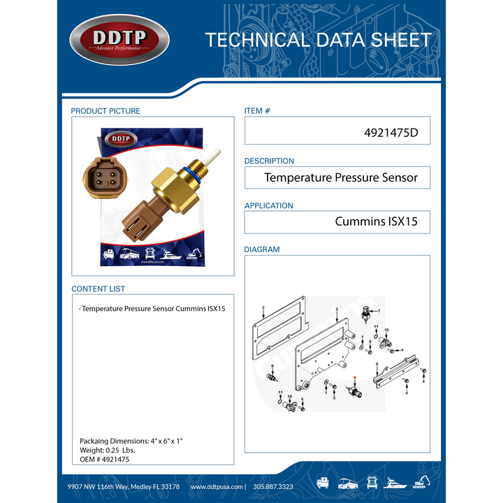 Sensor de presión y temperatura Cummins ISX (4921475)