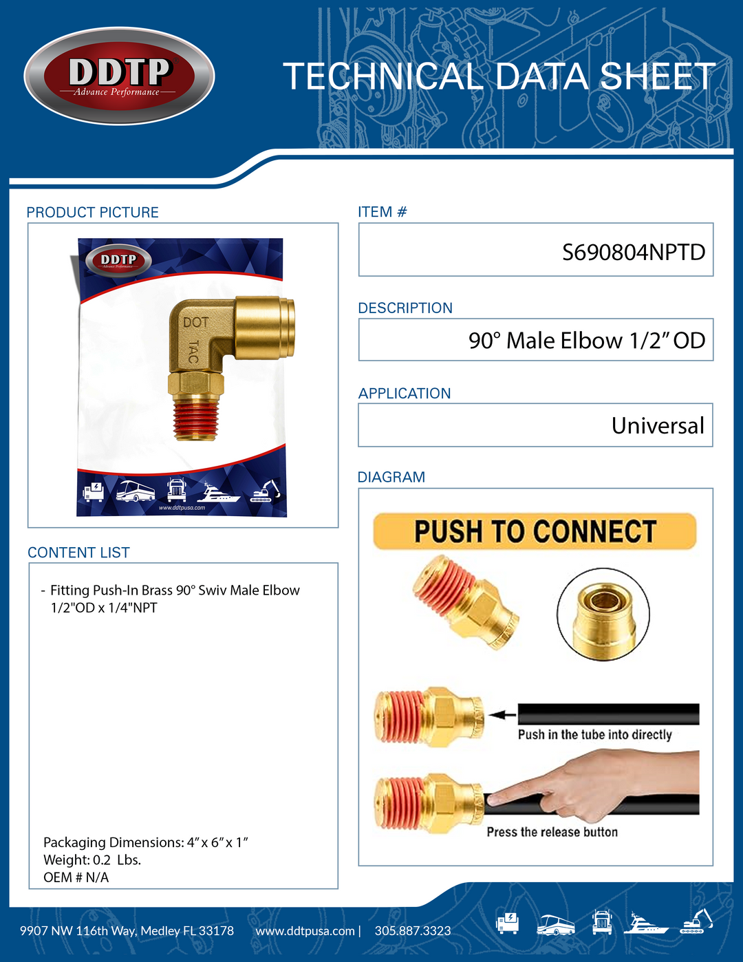 Codo macho de 90° de 1/2” de diámetro exterior x 1/4" NPT