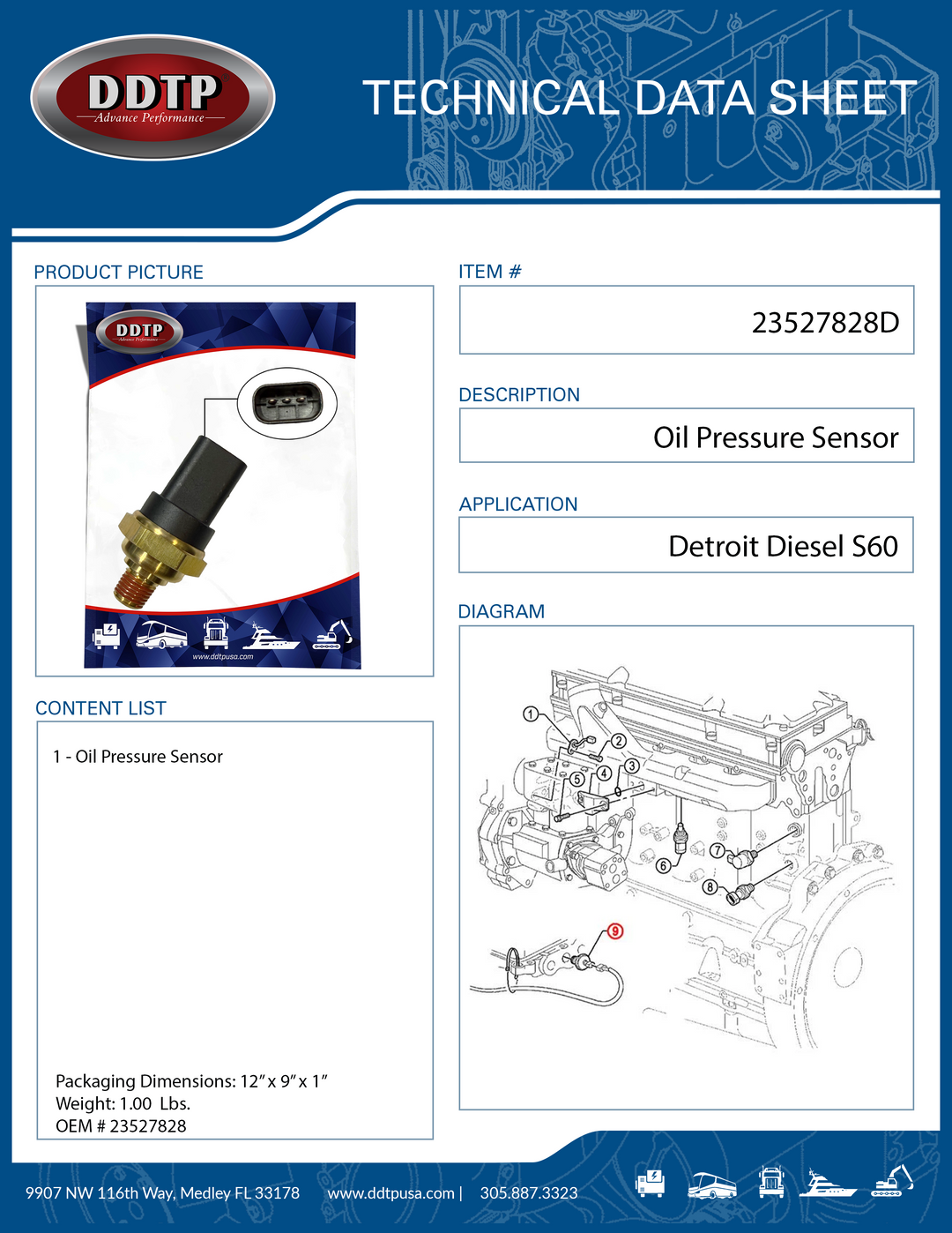 Oil Pressure Sensor Detroit Diesel S60 (23527828)