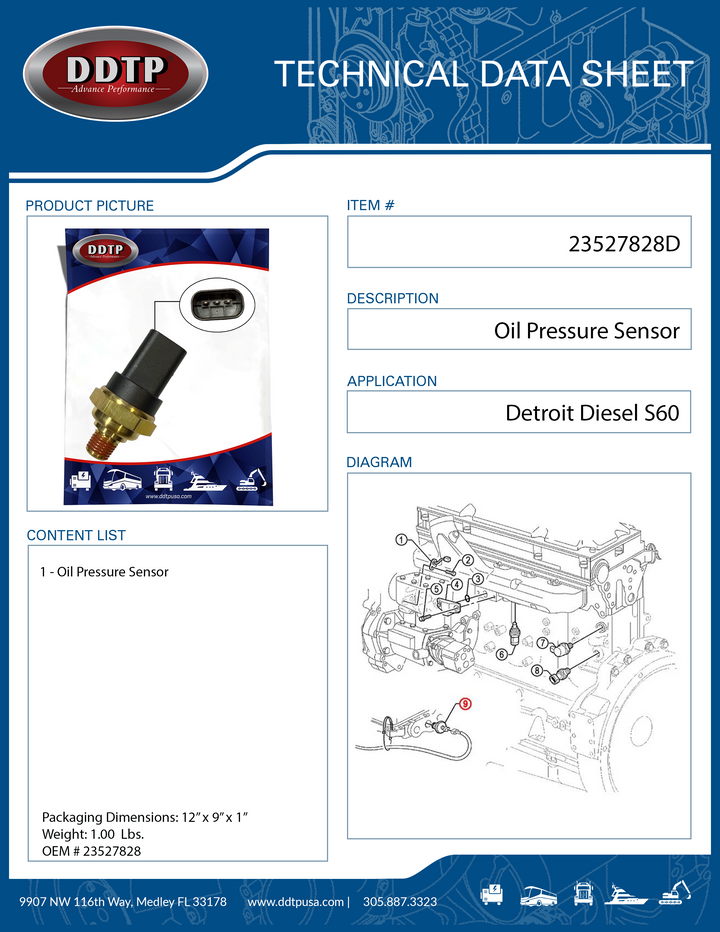 Oil Pressure Sensor Detroit Diesel S60 (23527828)