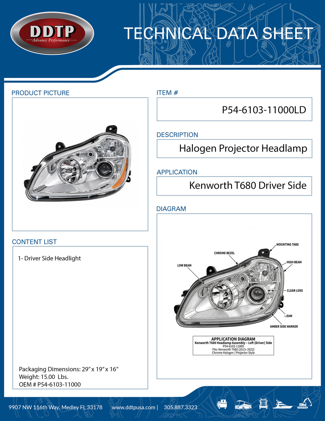 Kenworth T680 Driver Side Headlight Assembly | Halogen Projector Headlamp (P54-6103-11000)