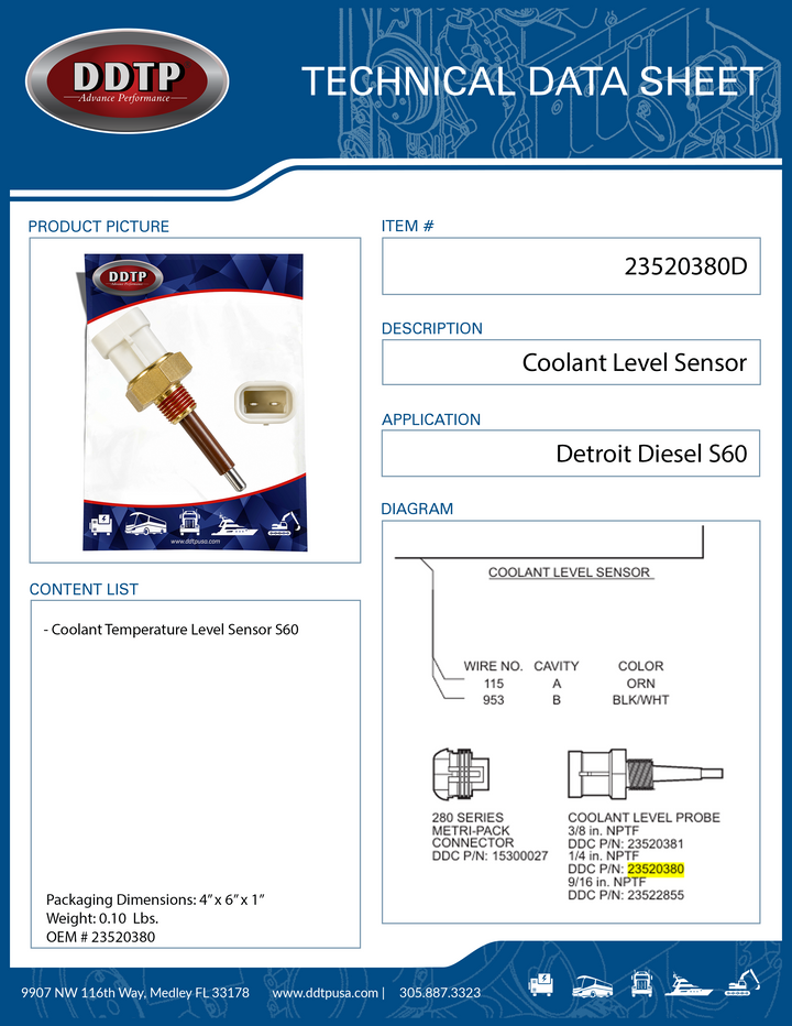 Coolant Temperature Level Sensor Detroit Diesel S60