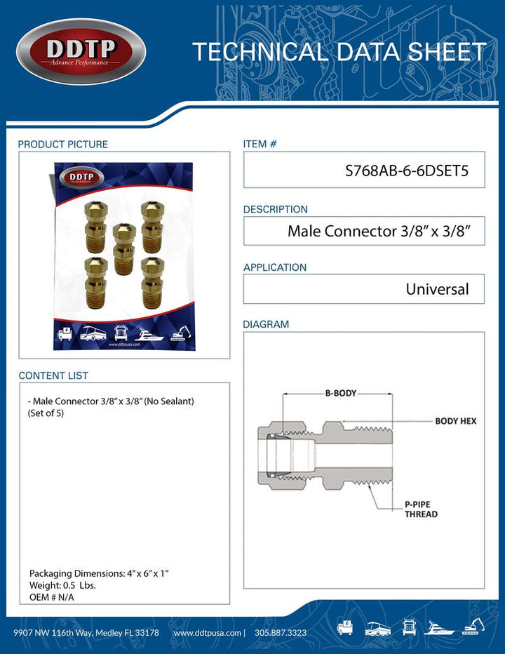 Brass Male Connector 3/8" x 3/8" (No Sealant) (Set of 5)