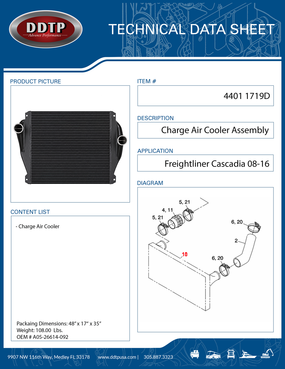 Enfriador de aire de carga Cascadia 08-16 DD15 901 (01-31241-000)