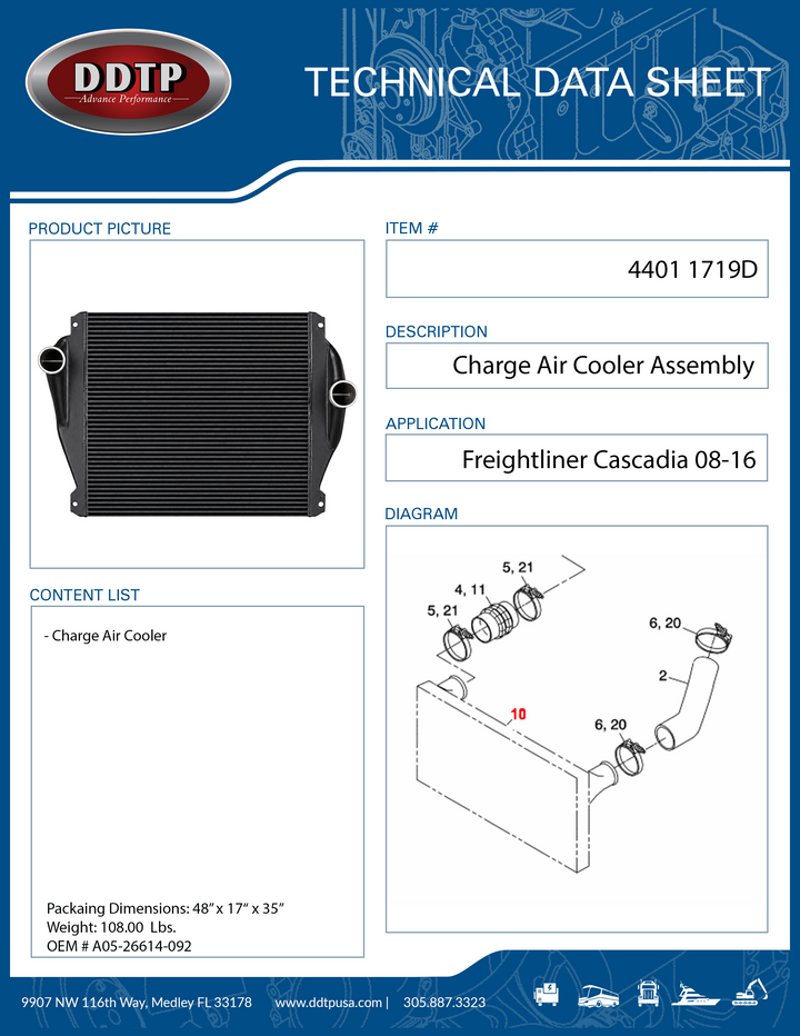 Enfriador de aire de carga Cascadia 08-16 DD15 901 (01-31241-000)