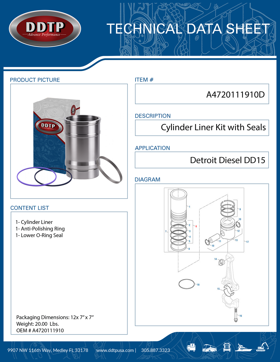 APR Cylinder Liner Kit for Detroit Diesel DD15 Engine | Wet Cylinder Sleeve with Anti-Polishing Ring & Seals