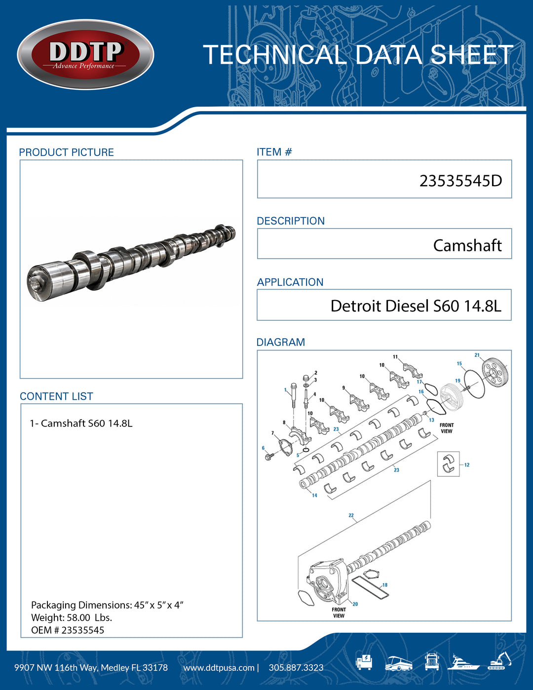 Camshaft Detroit Diesel S60 14.8L (Alt R23537523)