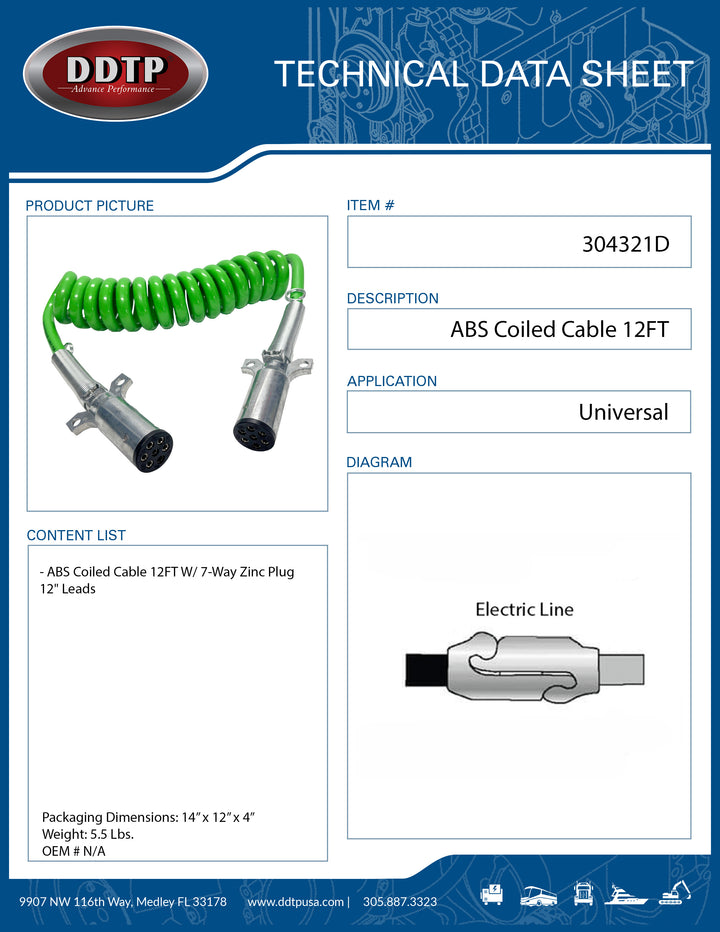 ABS Coiled Cable 12FT W/ 7-Way Zinc Plug 12" Leads