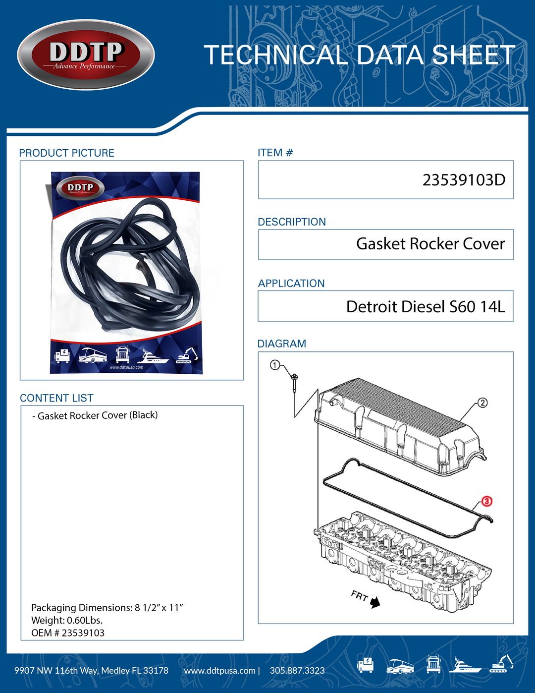 Junta de tapa de balancín negra para motores Detroit Diesel serie 60 de 12,7 l y 14 l (23539103)