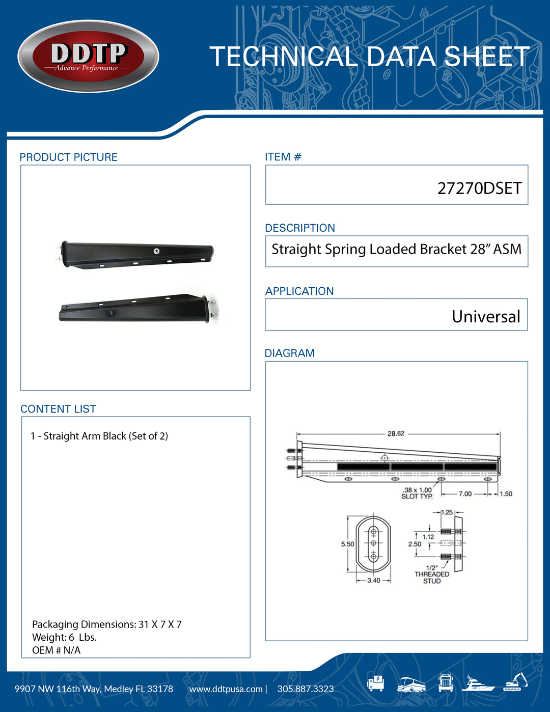 Spring Loaded Bracket 28" Straight Arm Black Set of 2