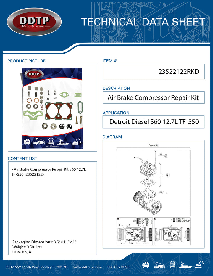 Air Brake Compressor Repair Kit S60 12.7L TF-550 (23522122)