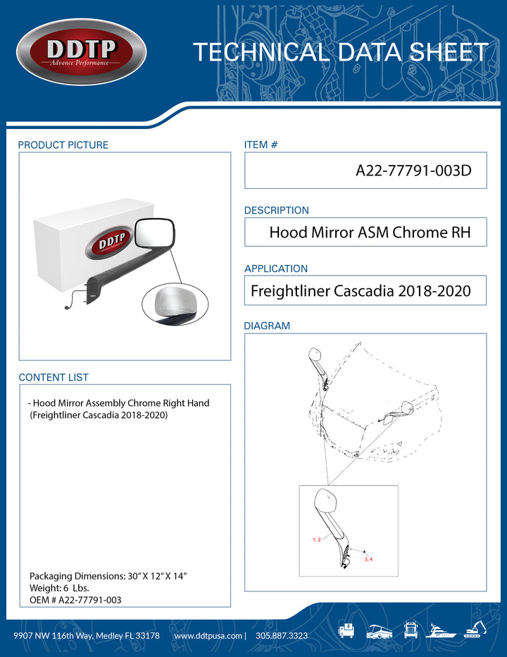 Chrome Hood Mirror Right Hand Freightliner Cascadia 2018-2020