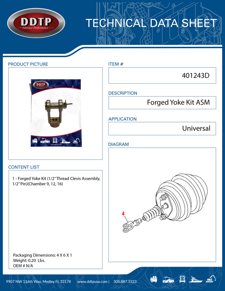 Forged Yoke Kit 1/2" Thread Clevis Assembly, 1/2" Pin Chamber 9, 12, 16 ( 401243D )