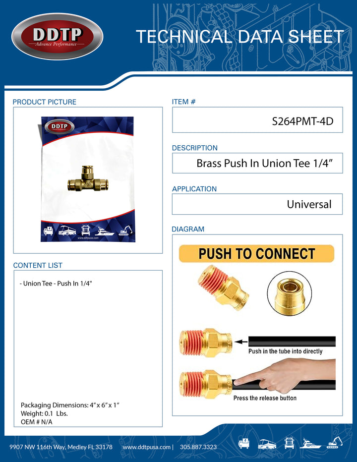 Brass Push-In Union Tee 1/4"