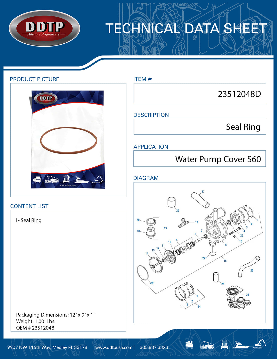 Seal Ring Water Pump Cover For Detroit Diesel S60 (23512048)