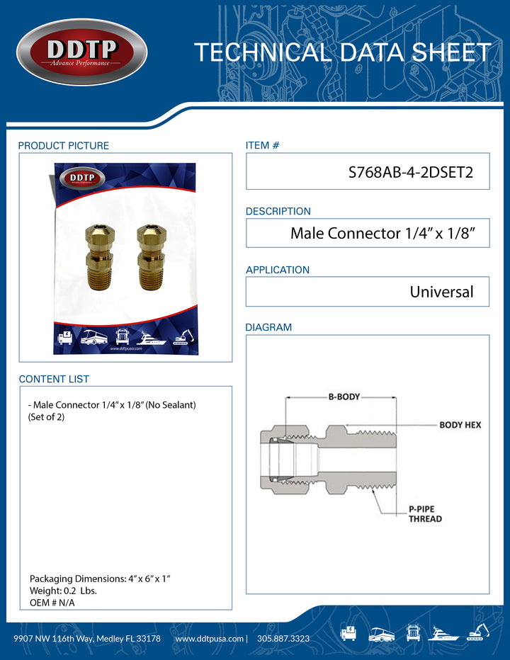 Conector macho de latón de 1/4" x 1/8" (sin sellador) (juego de 2)