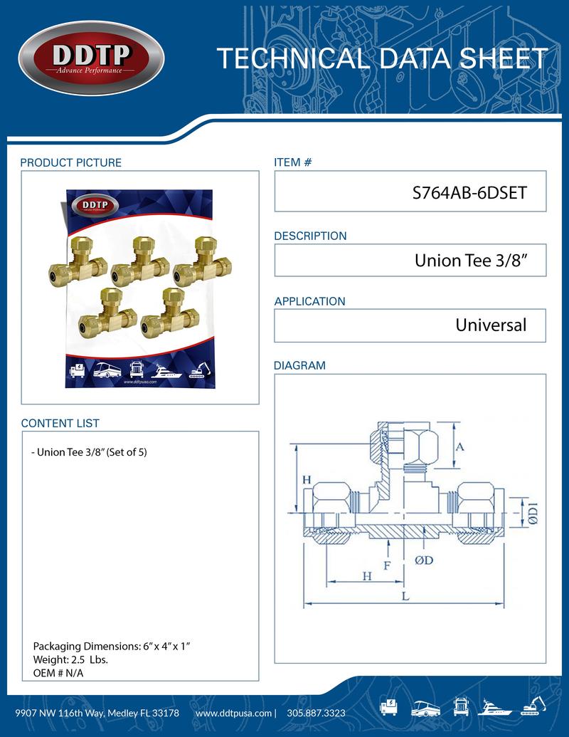 Brass Union Tee Fitting 3/8" (Set of 5)