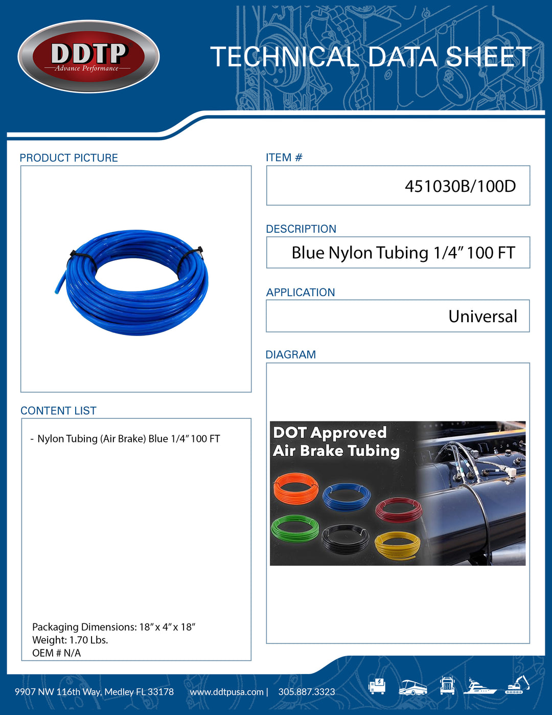Tubo de nailon azul (freno de aire) de 1/4" y 100 pies