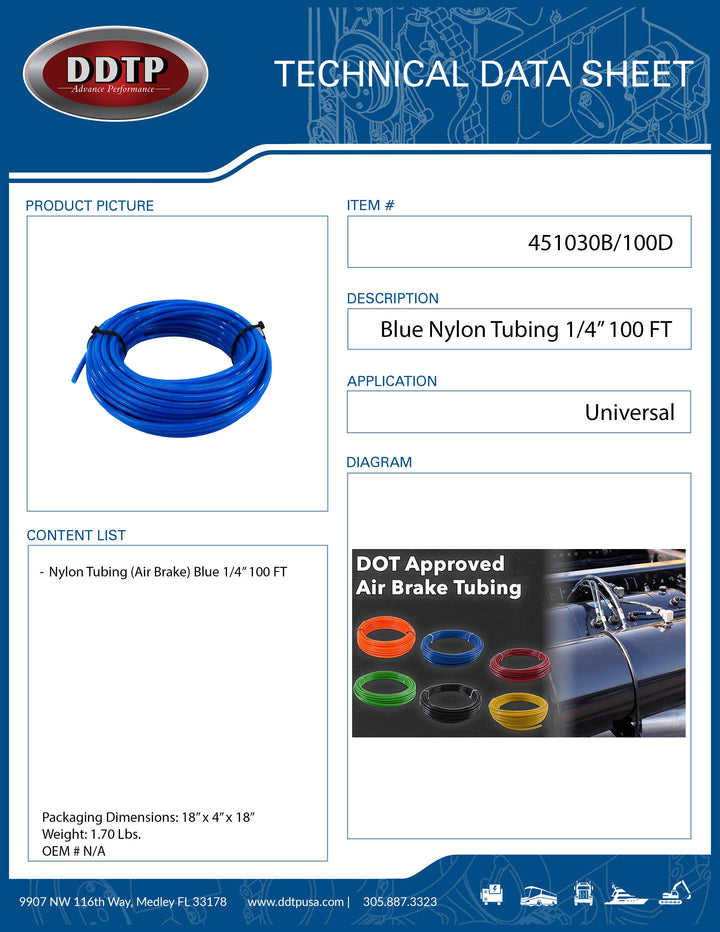 Tubo de nailon azul (freno de aire) de 1/4" y 100 pies