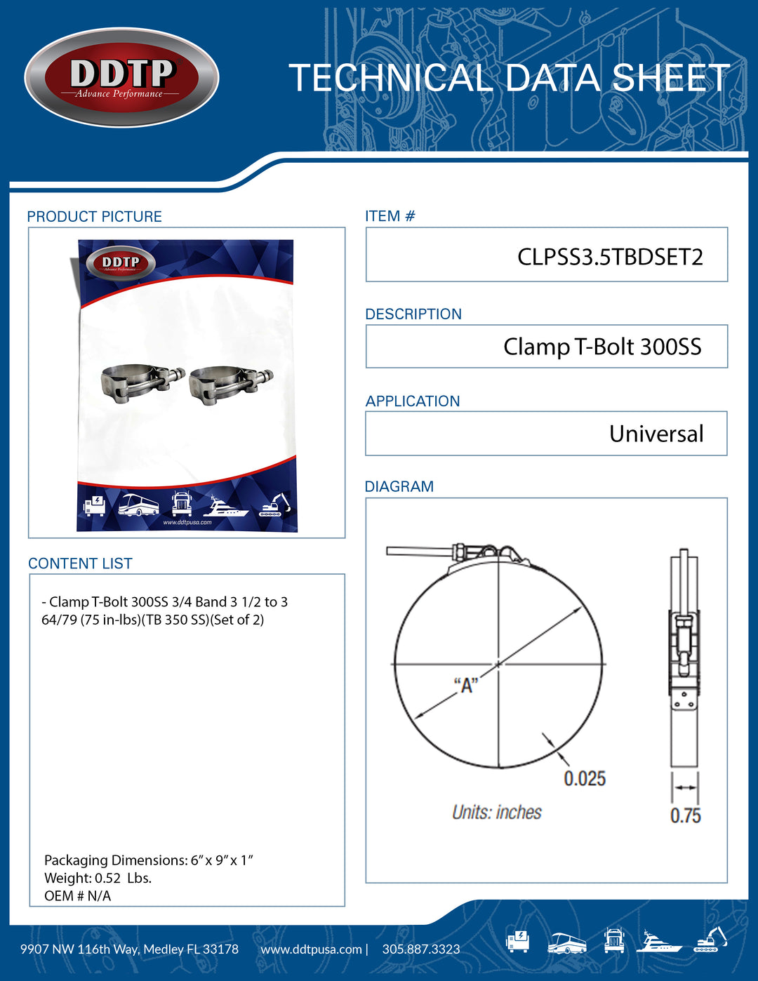 Clamp T-Bolt 300SS 3/4 Band 3 1/2 to 3 64/79 (75 in-lbs)(TB 350 SS)(Set of 2)