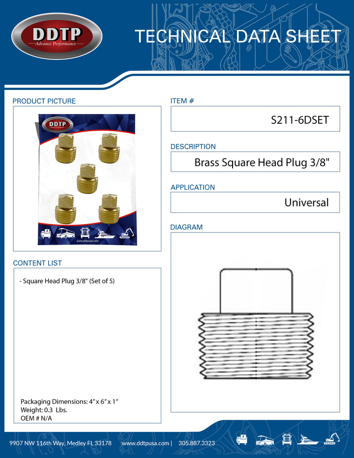 Brass Square Head Plug 3/8" (Set of 5)