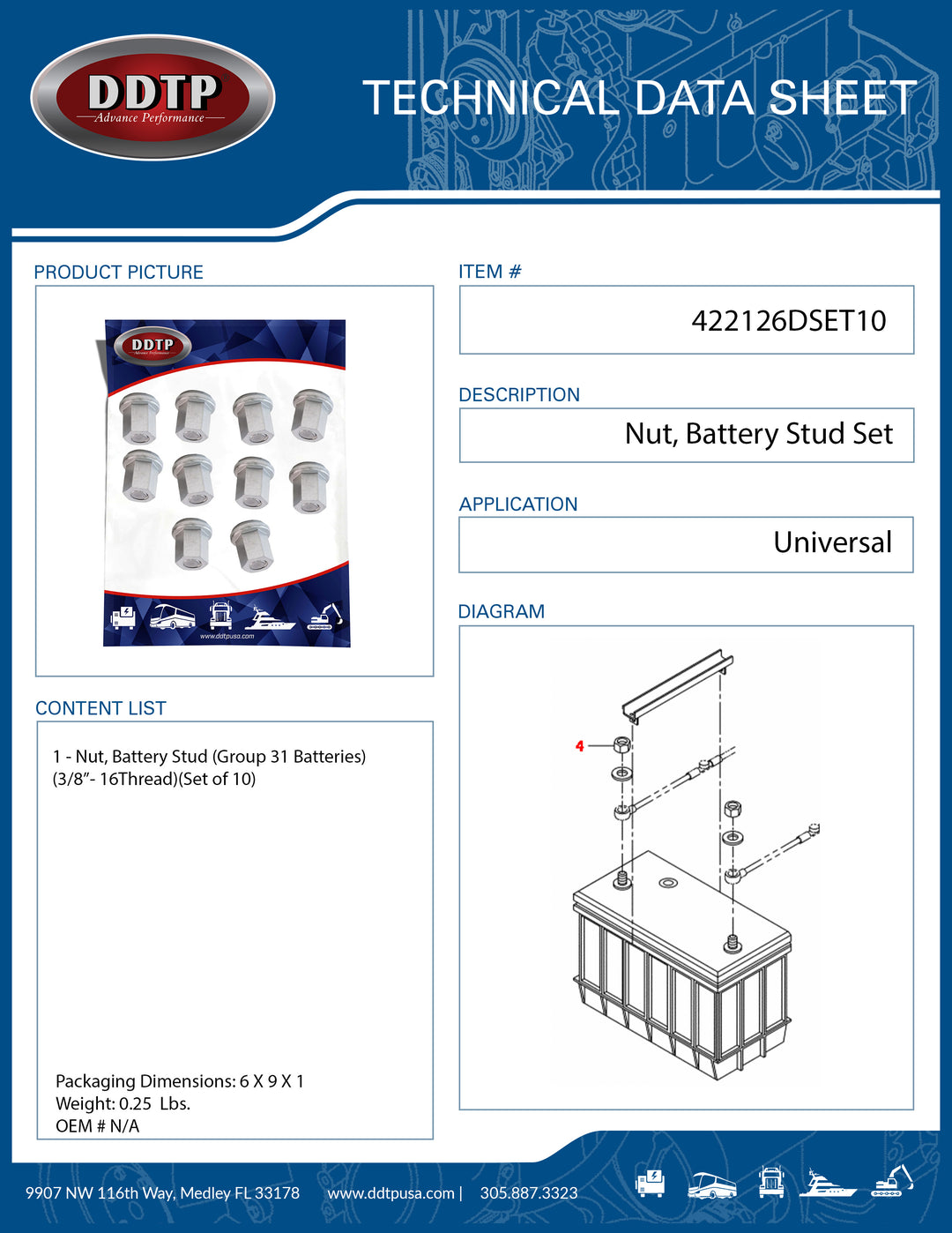 Nut, Battery Stud Group 31 Batteries 3/8" - 16 Thread Set of 10 ( 422126DSET10 )