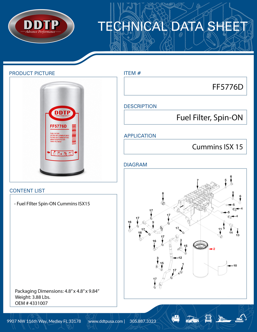 Cartucho separador de agua del filtro de combustible DD15 (A0000903651, P551011, FS19915)