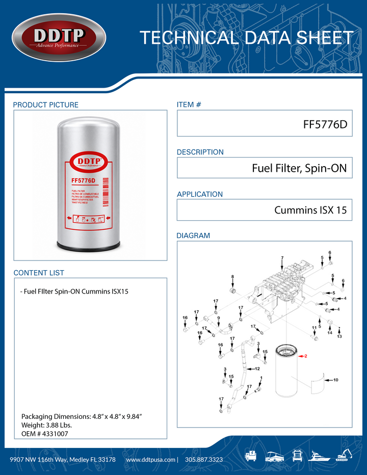 Cartucho separador de agua del filtro de combustible DD15 (A0000903651, P551011, FS19915)