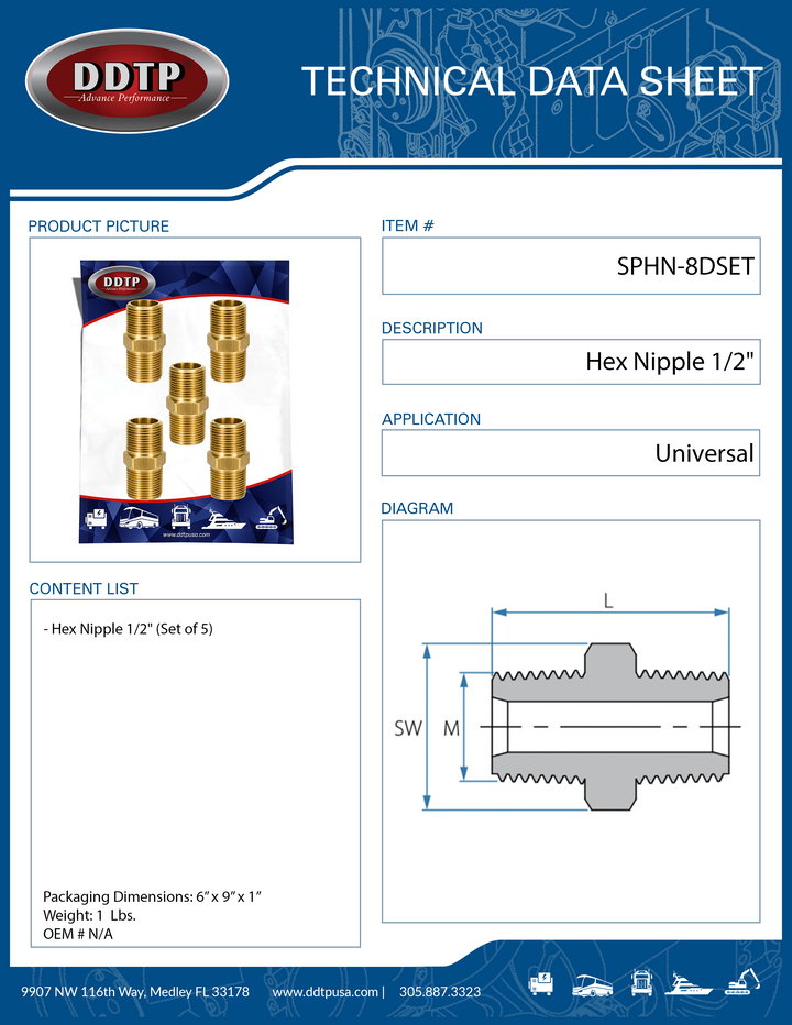 Brass Hex Nipple Fitting 1/2" x 1/2" (Set of 5)