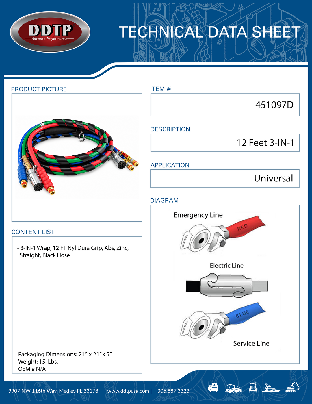Envoltura 3 en 1, 12', agarre de nailon Dura Grip, ABS, zinc, recta, manguera negra (451097D)